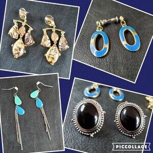 Vintage Jewelry- Black Cabochon Aqua Blue Dangle Chandelier Pierced Earrings LOT